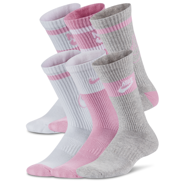 Nike 6 Pack Cushioned Crew Socks - Boys' Grade School - Grey/White/Pink